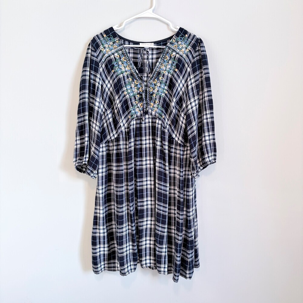Baby Doll Dress Knee Length Embroidered Plaid Cottagecore Prairie Blue Size XL